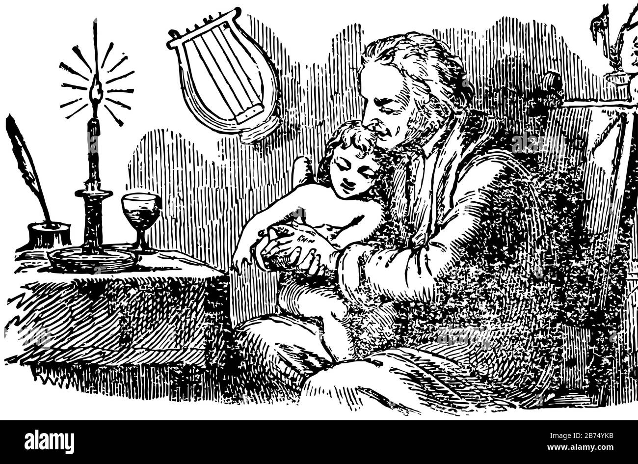 Le garçon Espiègle, cette scène montre un homme assis sur la chaise et tenant bébé, bougie et verre gardé sur la table, instrument de musique sur le mur, lin vintage Illustration de Vecteur