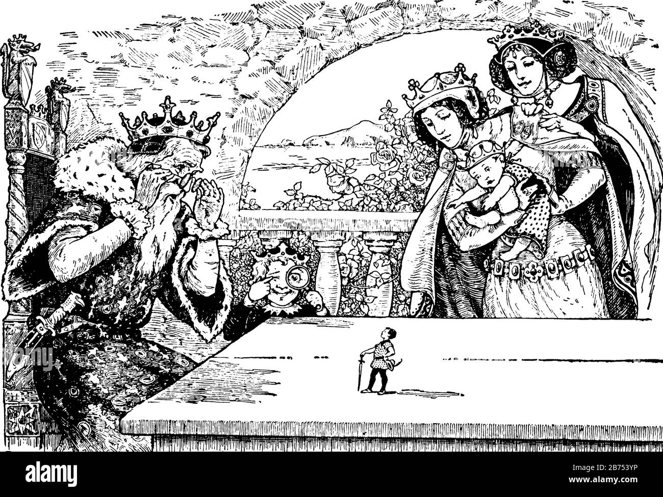 Le roi assis sur la chaise et la reine tenant bébé, tous deux regardant un petit homme avec l'épée debout sur la table, dessin de ligne vintage ou gravure de illus Illustration de Vecteur