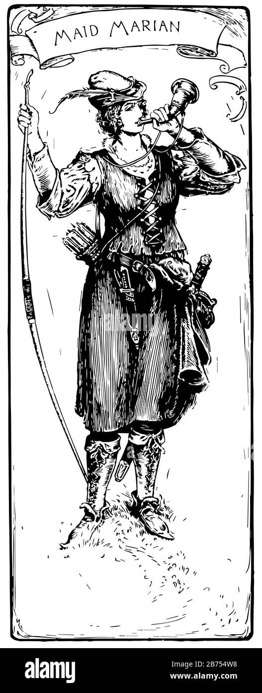 Maid Marian, cette image montre une femme en uniforme de guerrier soufflant une corne, MAID MARIAN écrit sur le dessus, dessin de ligne vintage ou illustration de gravure Illustration de Vecteur