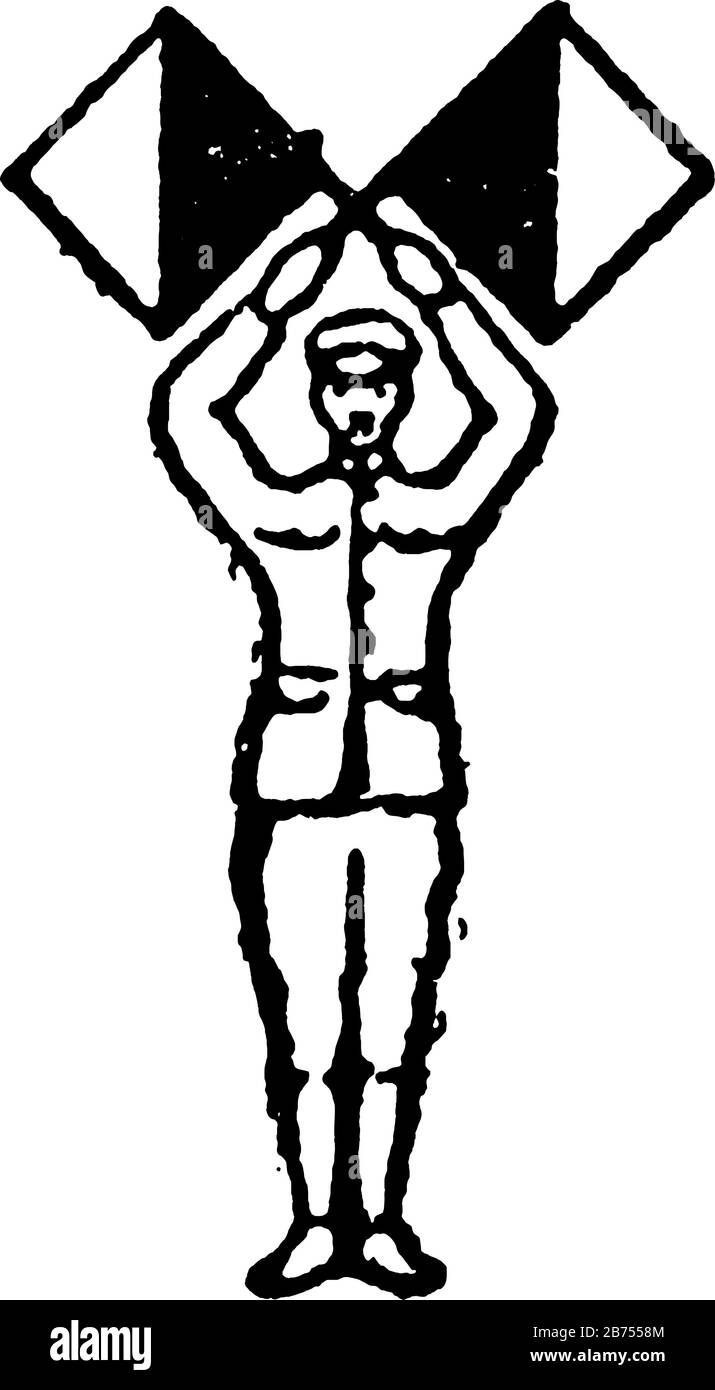 Signal de drapeau pour les chiffres, un homme tenant deux drapeaux croisés au-dessus de la tête, dessin de ligne vintage ou illustration de gravure Illustration de Vecteur