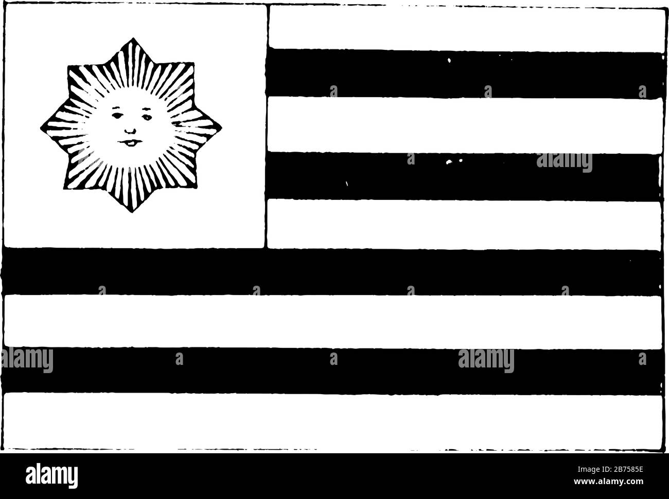 Uruguay, 1923, ce drapeau a neuf bandes horizontales égales de blanc (haut et bas) alternant avec bleu, un soleil jaune portant le visage humain en blanc CA Illustration de Vecteur