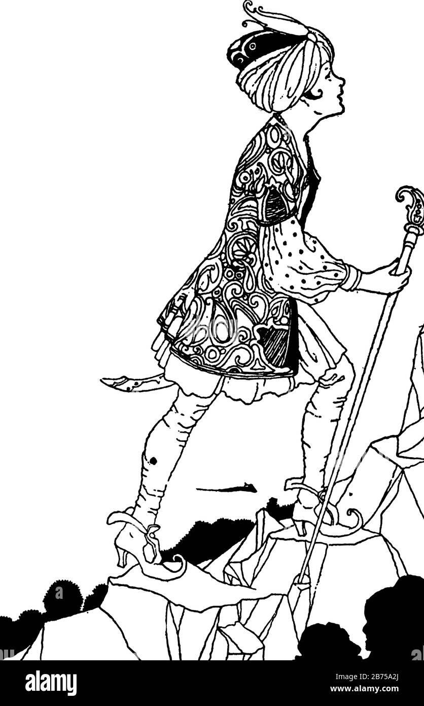 Un garçon avec un bâton qui monte les escaliers, le dessin vintage de ligne ou l'illustration de gravure Illustration de Vecteur