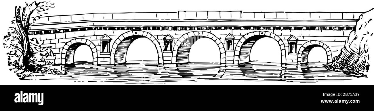 Pons Ariminum est les ponts grecs ont été construits entièrement en bois, pont et château, ville en Italie et la municipalité, dessin de ligne vintage ou engravi Illustration de Vecteur