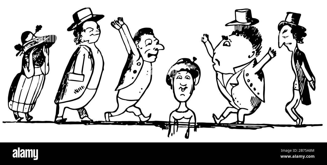Edward Lear's Rhymes, cette scène montre une personne courée sous terre au milieu, trois personnes sur le côté gauche et deux personnes sur le côté droit, drawi ligne vintage Illustration de Vecteur