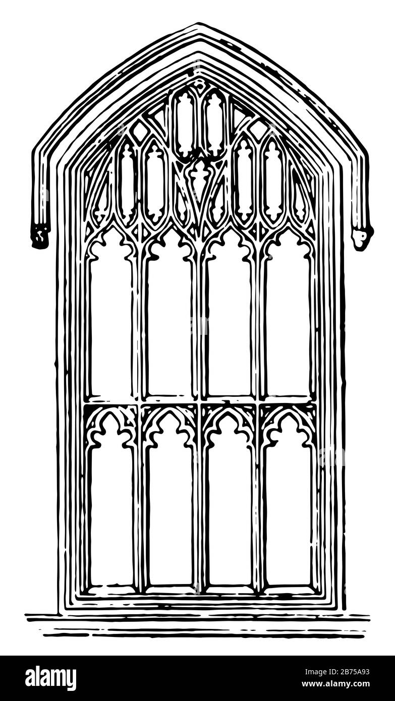 Les meneaux sont des fenêtres avec des barres verticales, des barres verticales entre les volets, divisant les unités de fenêtre adjacentes, dessin de ligne vintage ou illustration de gravure. Illustration de Vecteur