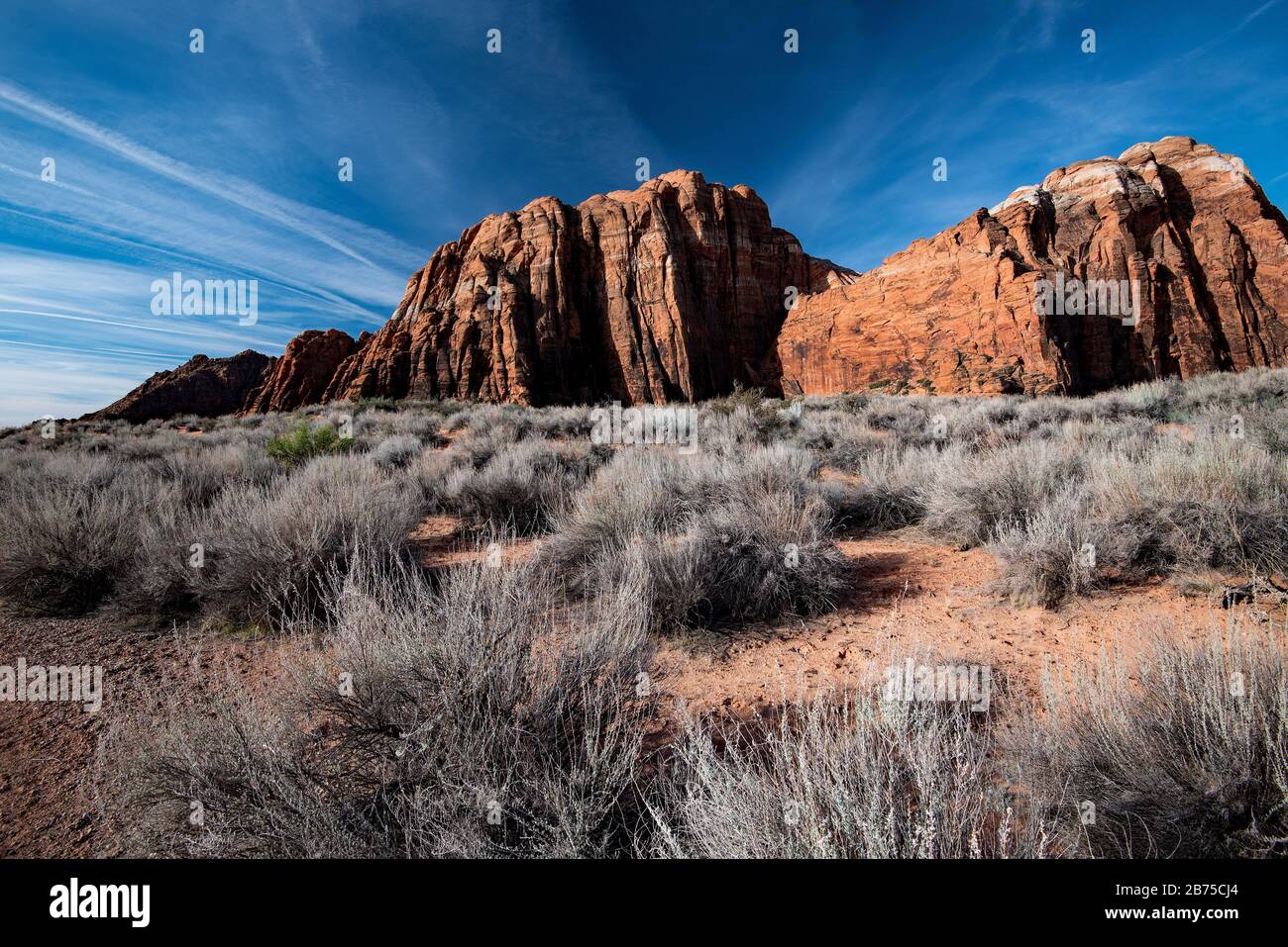 Snow Canyon State Park avec ses magnifiques montagnes de roches rouges et ses formations rocheuses volcaniques. Banque D'Images