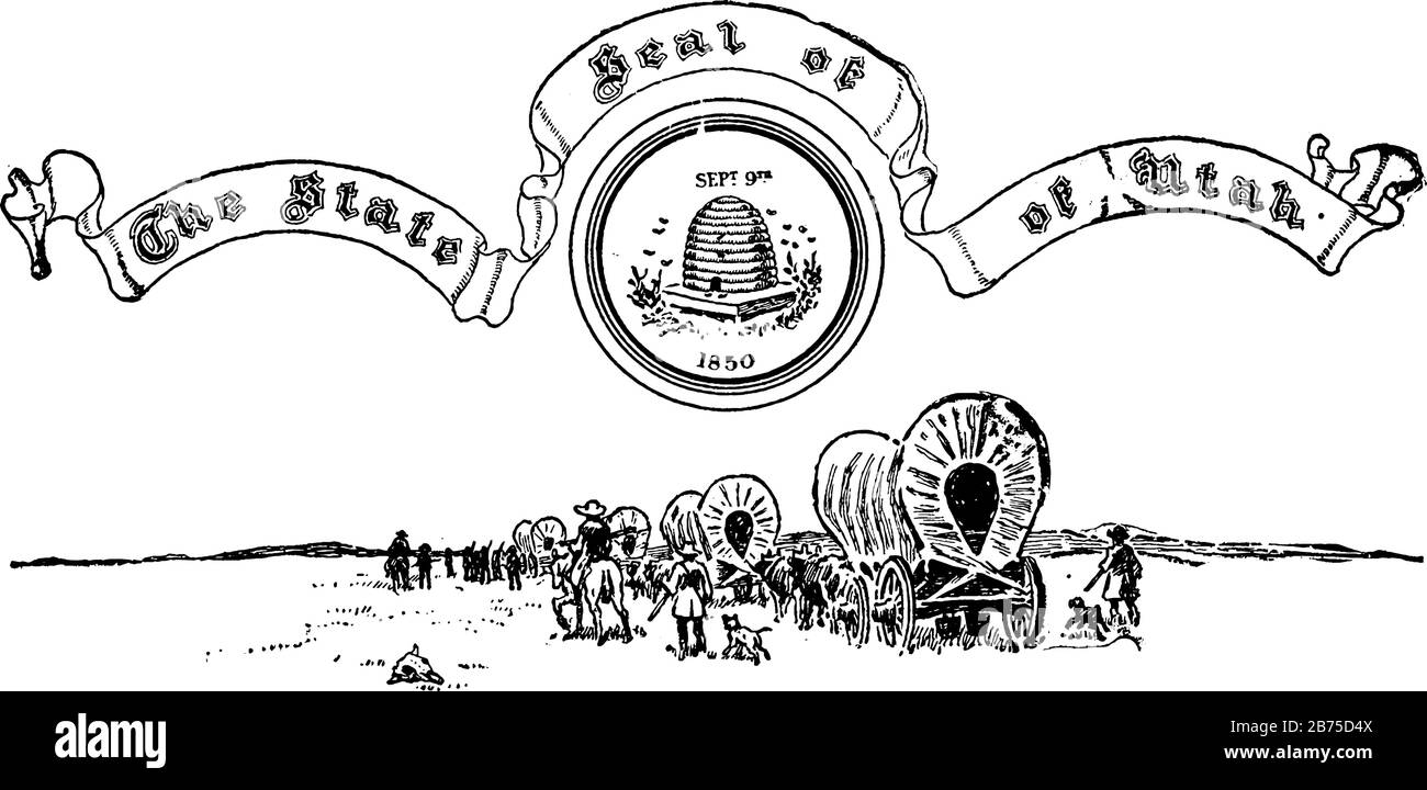 Le sceau des États-Unis de l'Utah, ce phoque a des cavaliers, des hommes et de nombreux chariots à boulettes avec couvercle, il a ruche avec des abeilles au centre, 9 SEPT écrit Illustration de Vecteur