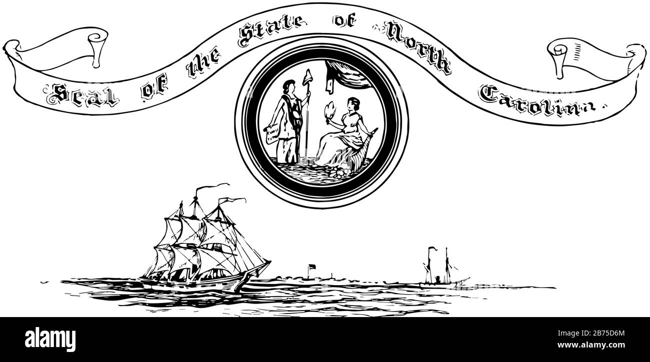 Le sceau des États-Unis de Caroline du Nord avec deux navires en arrière-plan, ce sceau a deux figures féminines se regardant l'un vers l'autre, une femelle est s. Illustration de Vecteur