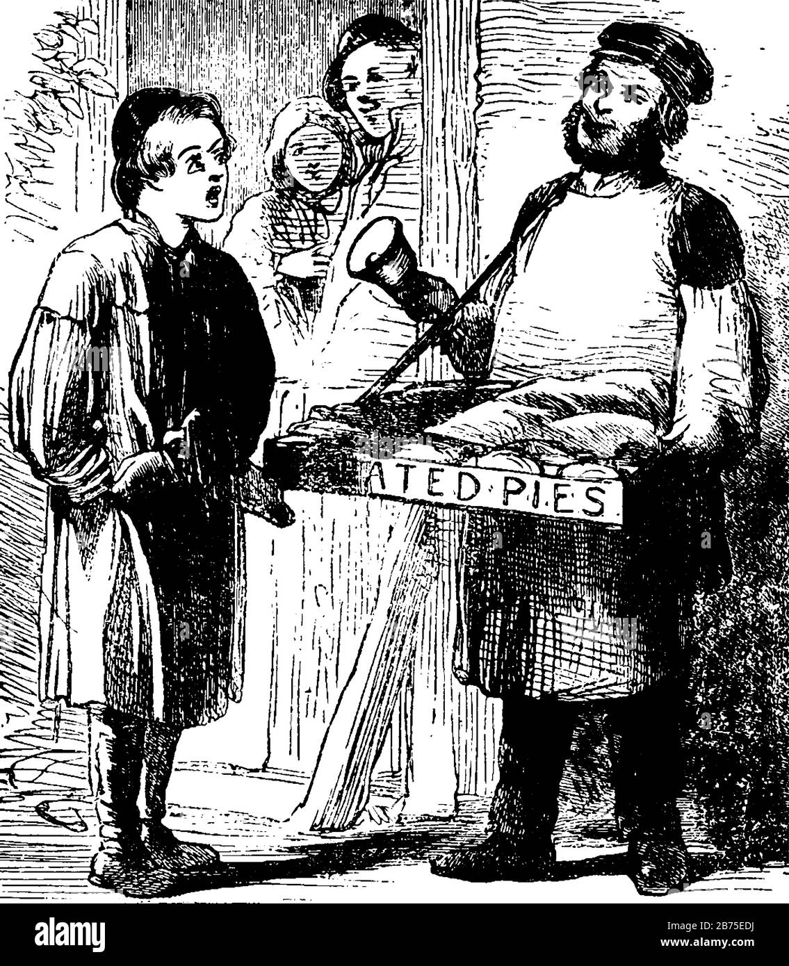 Un Pie-man avec cloche en main vendant des tarte et jeune garçon lui demandant quelque chose, Pie-man tenant des plateaux de tartes, dessin vintage de ligne ou gravure illustr Illustration de Vecteur