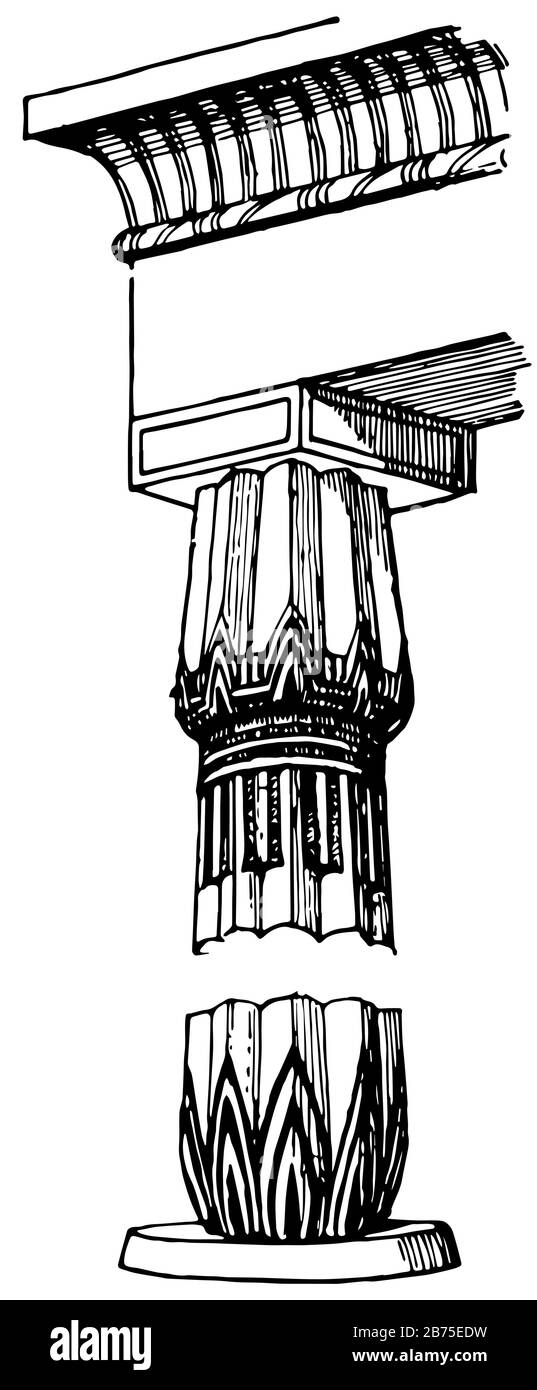 Colonne égyptienne, temple, thomthmes III, Karnak, chef-d'œuvre, architecture, éléments, dessin vintage ou illustration de gravure. Illustration de Vecteur