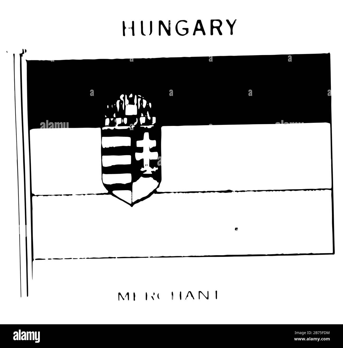 Hongrie, 1923, ce drapeau a trois bandes horizontales égales de rouge(top), de blanc et de vert, et il a les armoiries hongroises sur trois bandes vers Illustration de Vecteur