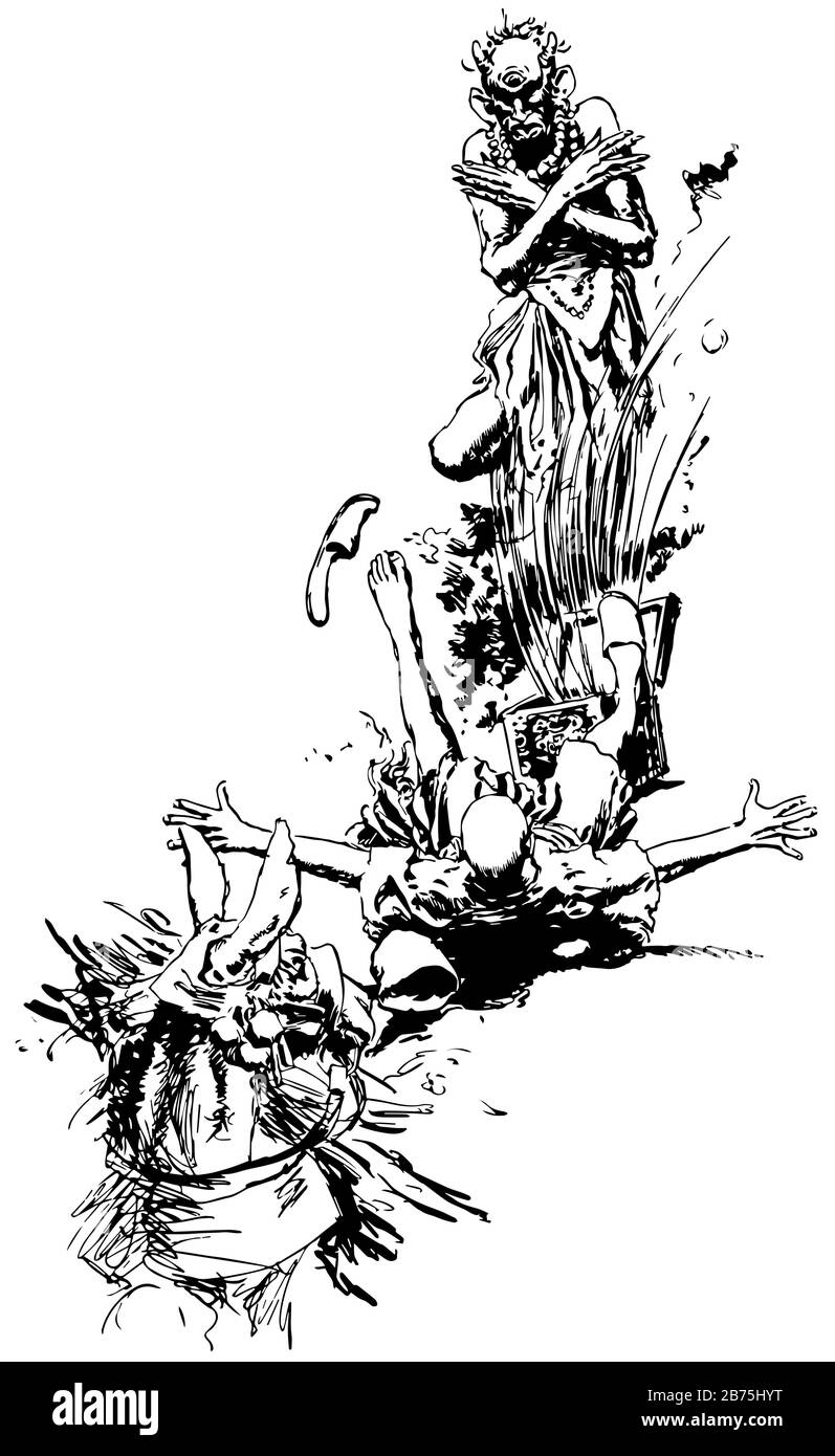 Pas un PIN à Choisir, cette scène montre un personnage humain qui s'est sorti d'une boîte, un autre homme qui tombe sur le sol et le cheval les regardant, vintage ligne d Illustration de Vecteur