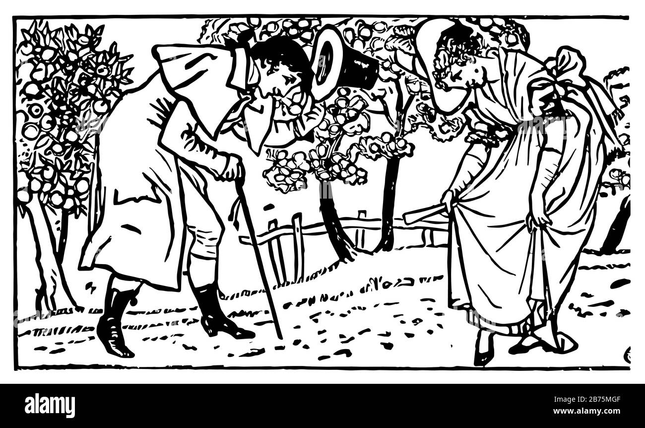 Pippin Hill, cette scène montre un homme et une femme portant des chapeaux debout devant l'un de l'autre et les deux se sont repliés les uns vers les autres, arbres en arrière-plan, v Illustration de Vecteur