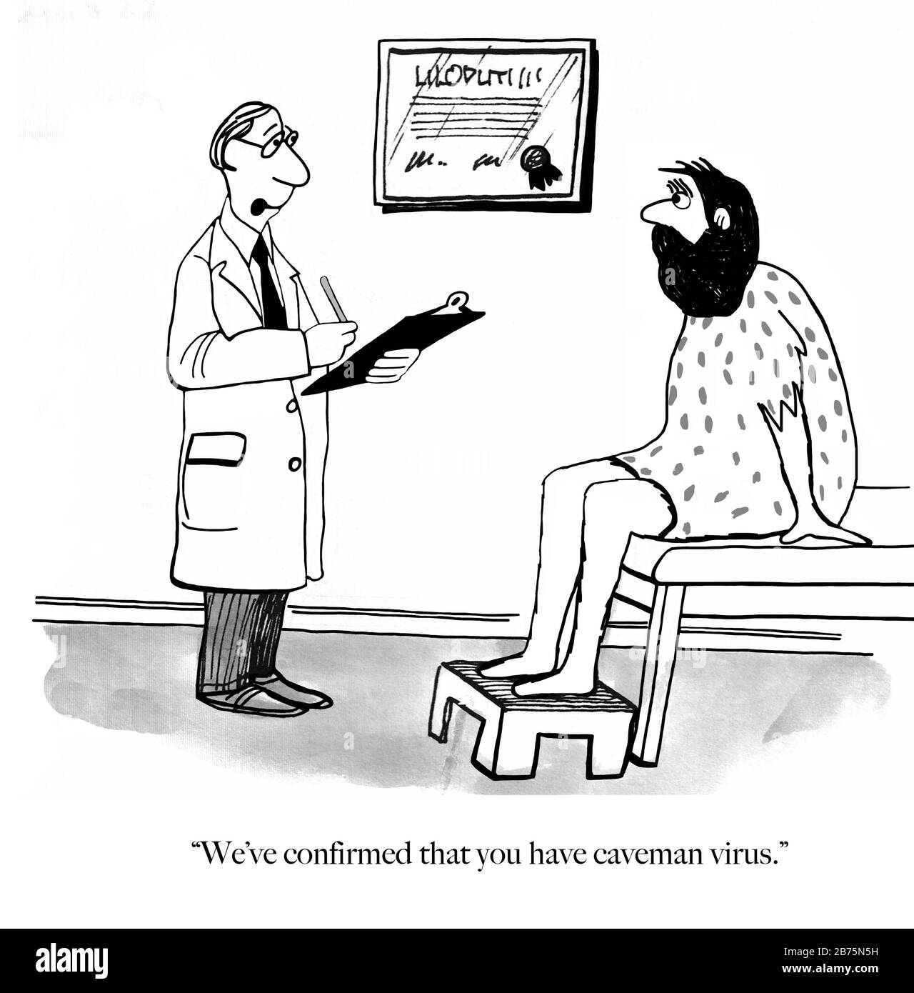 Le médecin ayant un dossier de test informe le patient qui ressemble à cavemman qu'il a le virus caveman Banque D'Images