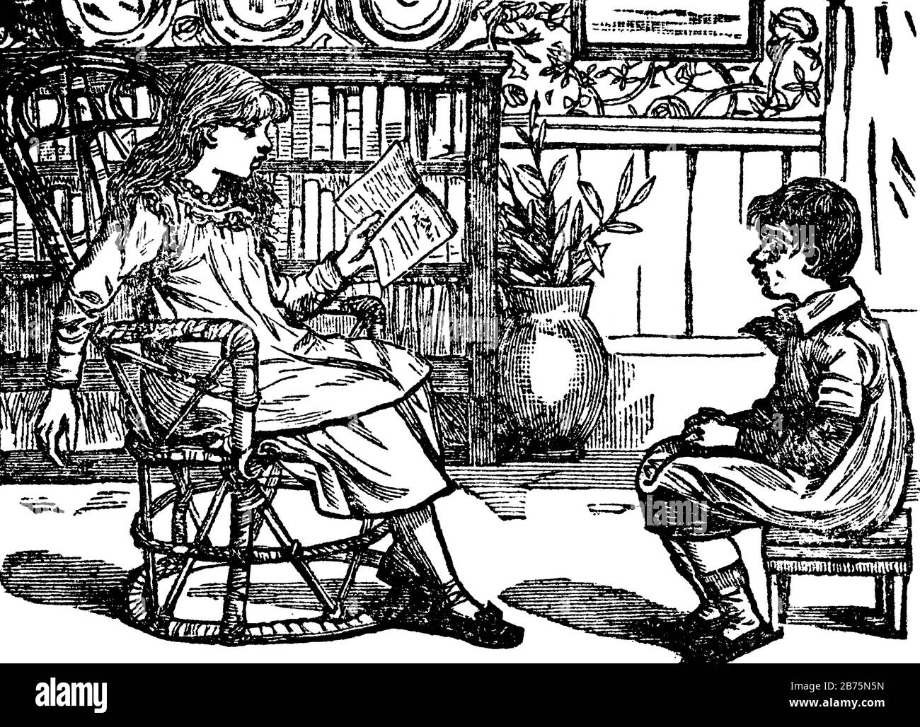 Soeur lecture à frère, garçon, enfants, histoires, lecture, dessin de ligne vintage ou illustration de gravure. Illustration de Vecteur