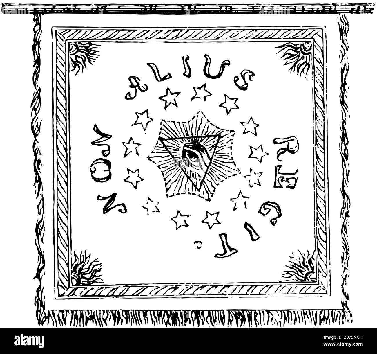 La bannière de Pulaski, cette bannière a un oeil à l'intérieur du triangle au centre, il est entouré de cinq étoiles pointues, NON ALIUS REGIT écrit sur la bannière, vintag Illustration de Vecteur