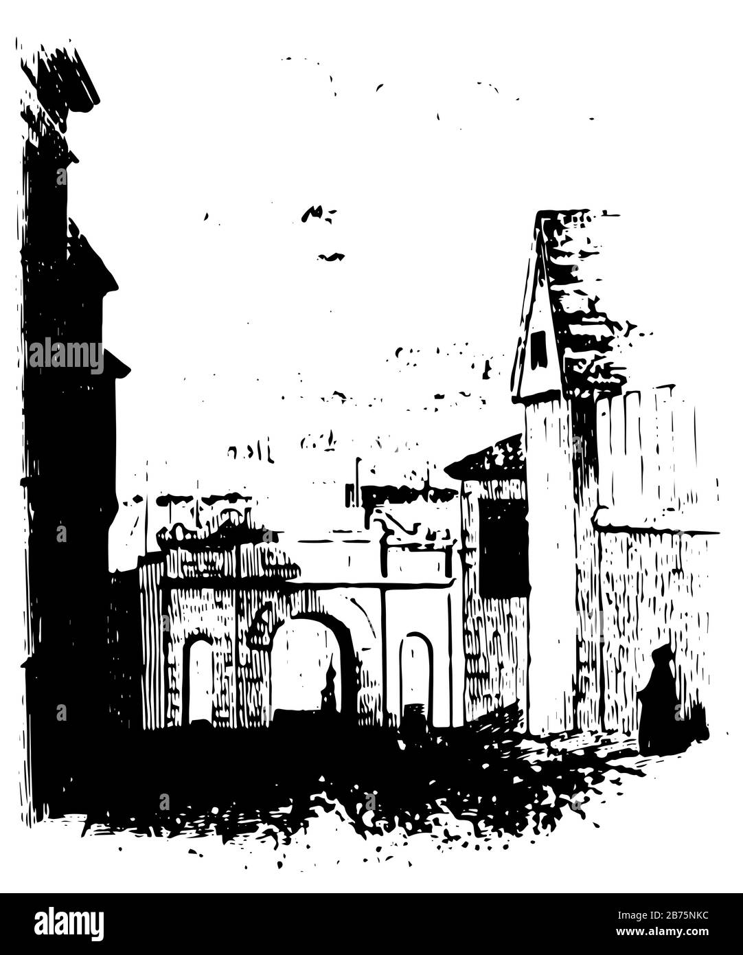 Palace Gate, American Revolution, portion, garde-maison, dessin de ligne vintage ou illustration de gravure Illustration de Vecteur