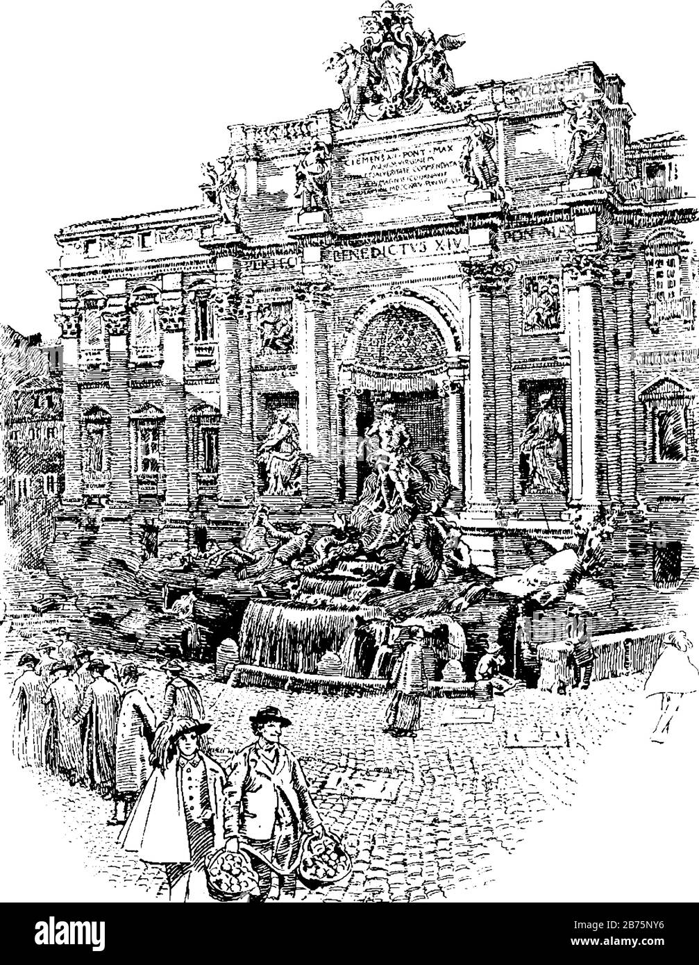 Fontaine de Trévi, fontaine du quartier de Trevi à Rome, conçue par l'architecte italien Nicola Salvi, fontaines les plus célèbres au monde, lin vintage Illustration de Vecteur