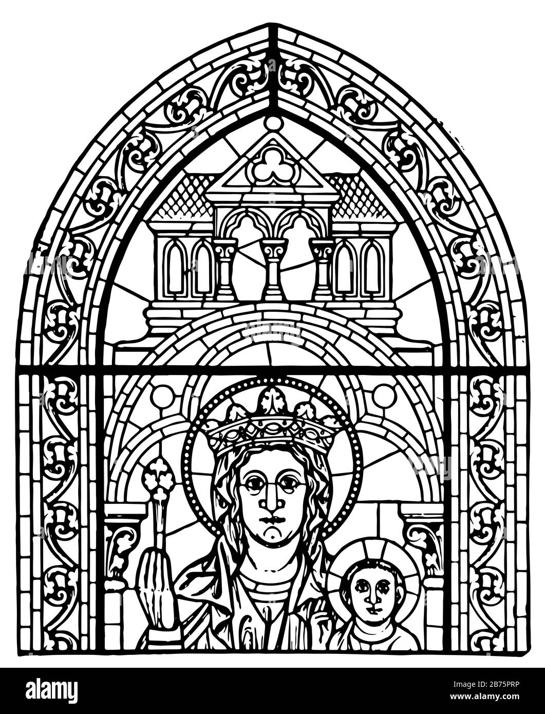 Début de la fenêtre française à Chartres, la majorité des vitraux d'origine survivent à l'illustration de dessin ou de gravure intact, vintage Line. Illustration de Vecteur