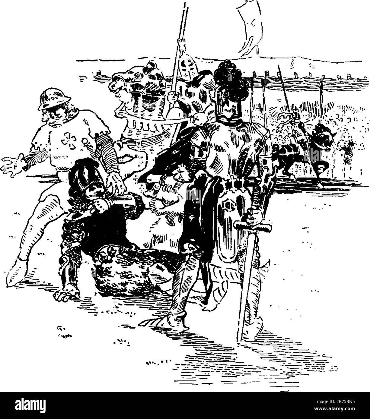 Un homme est tombé sur terre et un autre homme le tenant, soldat avec épée debout près de lui, cavaliers en arrière-plan, dessin de ligne vintage ou engraa Illustration de Vecteur