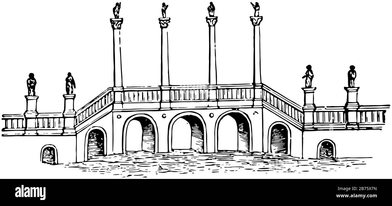 Pons Aelius connu à eux seulement dans une mesure limitée, auxiliaire castra et petit règlement romain, rive nord de la Tyne rivière, dessin de ligne vintage ou Illustration de Vecteur
