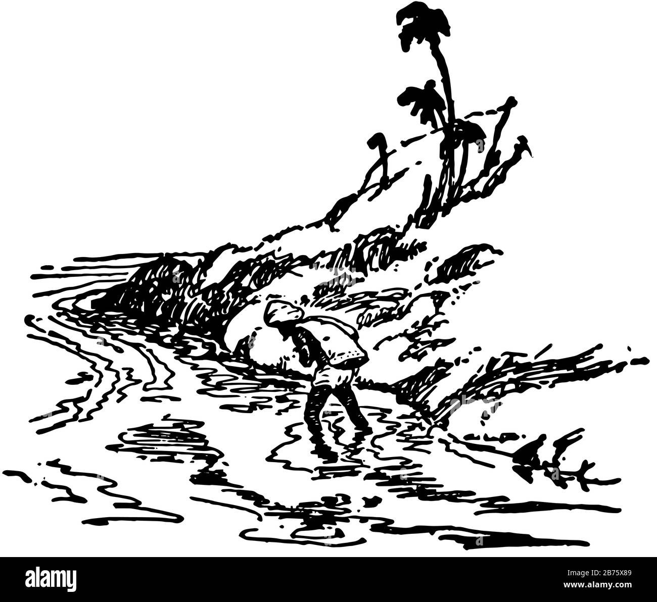 Overland Mail, cette scène montre un homme marchant à travers l'eau et la colline, vintage ligne dessin ou gravure illustration Illustration de Vecteur