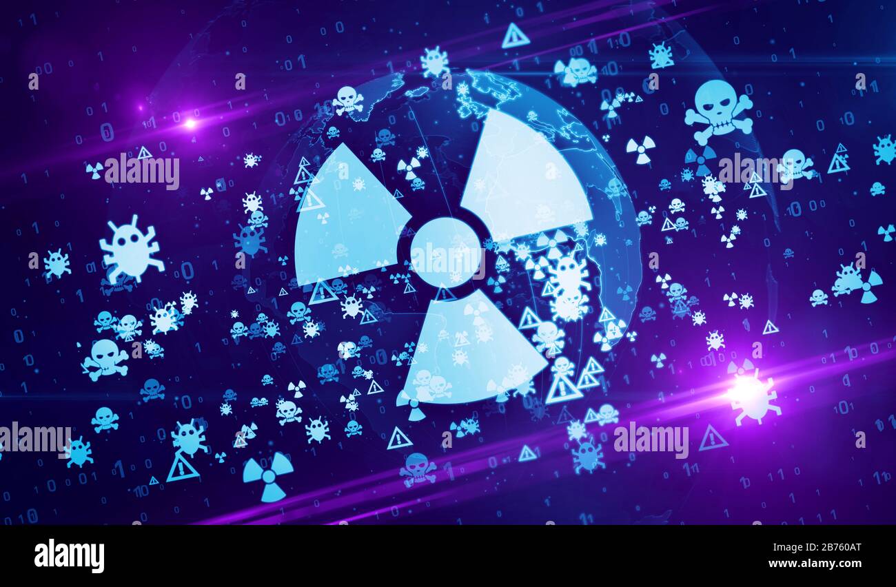 Nucléaire. Cyber-criminalité, attaques de pirates informatiques, virus, sécurité informatique et symboles de sécurité de la confidentialité sur l'illustration numérique du globe. Contexte abstrait du concept Banque D'Images
