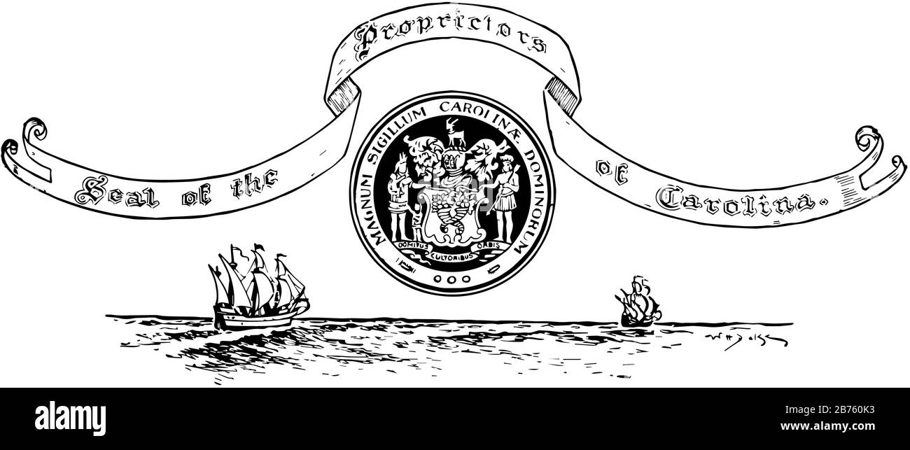 Le sceau de la Caroline au-dessus de deux navires, il y a une famille au milieu avec deux enfants, le père et la mère tenant une bannière, au-dessus d'eux cerf, et un drapeau r Illustration de Vecteur
