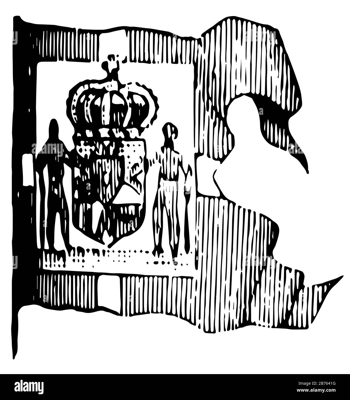 Drapeau du Danemark, 1881, ce drapeau de sauvetage de queue d'avaler a un rectangle vertical avec deux hommes soutenant un bouclier et couronne sur bouclier, dessin de ligne vintage Illustration de Vecteur