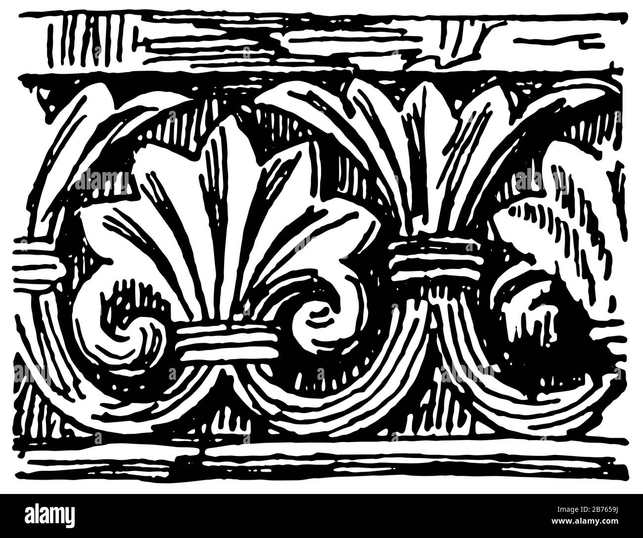 Roman Motive est bande sculptée, du 6ème à la fin du 10ème siècle, style gothique, arches pointues, dessin de ligne vintage ou illustration de gravure. Illustration de Vecteur