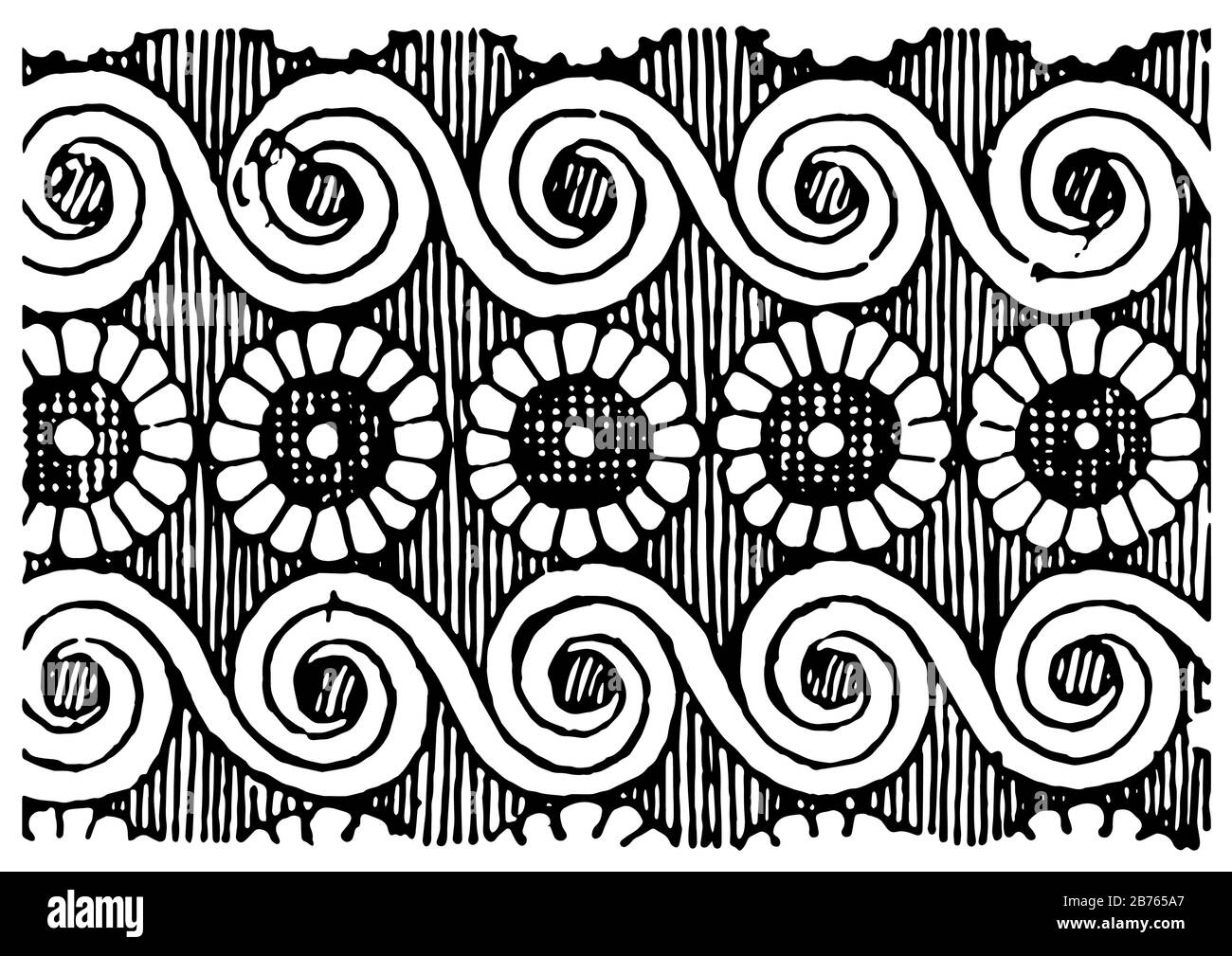Scroll-Rosette Pattern est un motif fleuri stylisé, un dessin de ligne vintage ou une illustration de gravure. Illustration de Vecteur