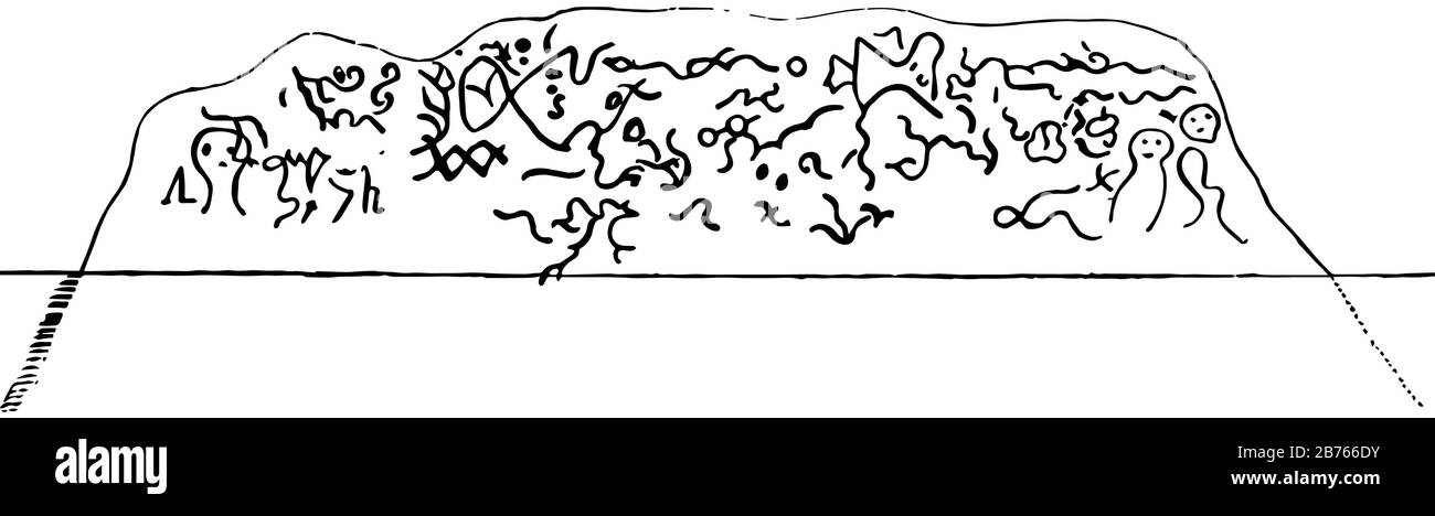 Les Inscriptions Dighton Rock III ont un motif de ligne mince dans cette image, dessin de ligne vintage ou illustration de gravure. Illustration de Vecteur