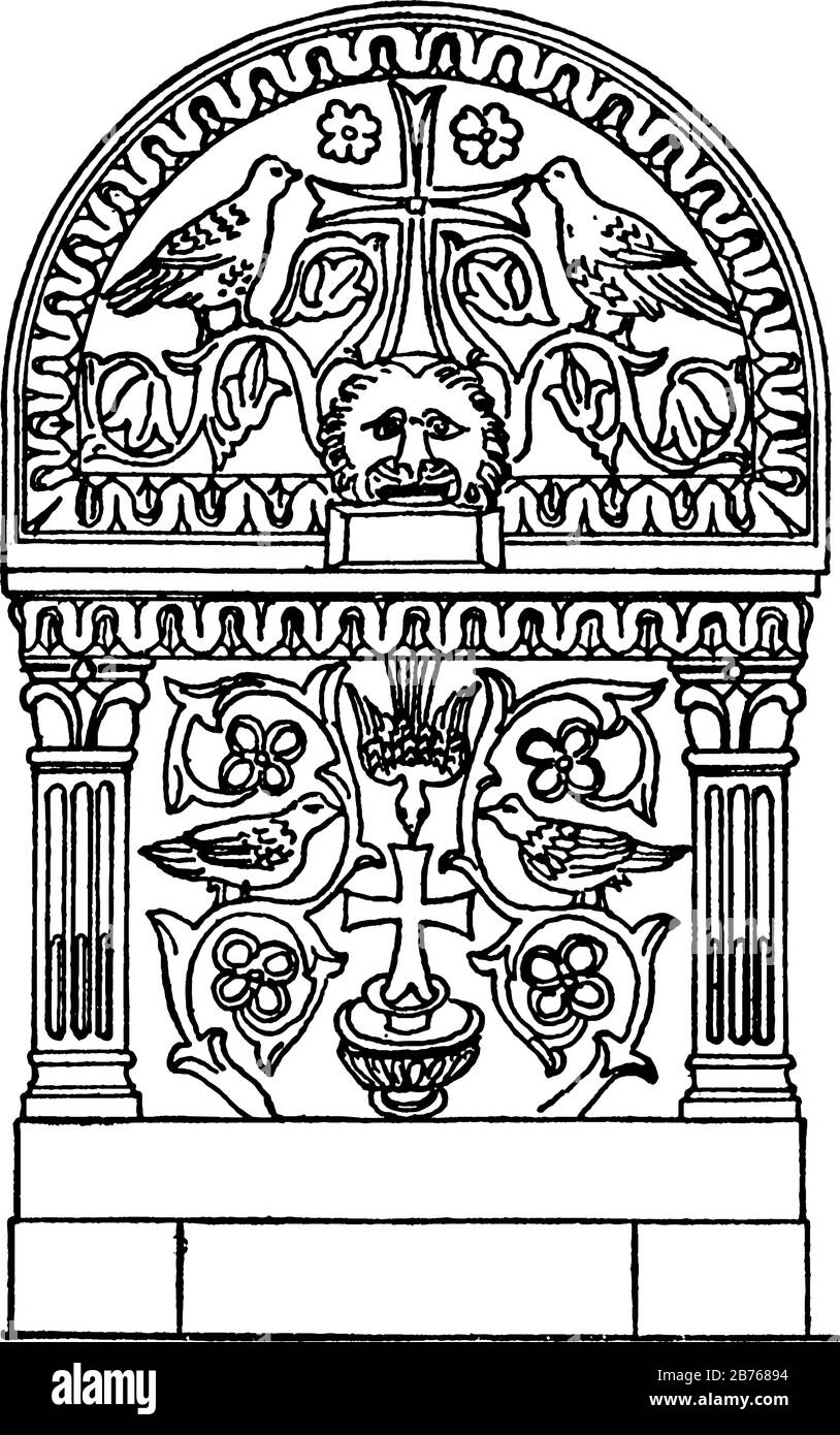 Le Sarcophage chrétien précoce a deux oiseaux et un visage d'animal dans ce motif, dessin vintage de ligne ou illustration de gravure. Illustration de Vecteur