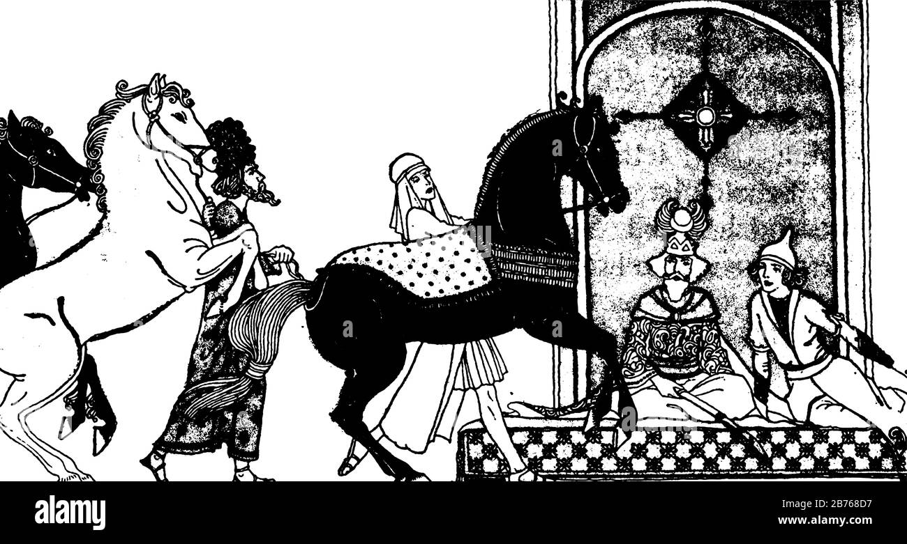 Une histoire de Rustem, cette scène montre deux hommes assis sur le matelas, une dame marchant avec du cheval noir et un homme marchant avec du cheval blanc vers deux hommes, Illustration de Vecteur