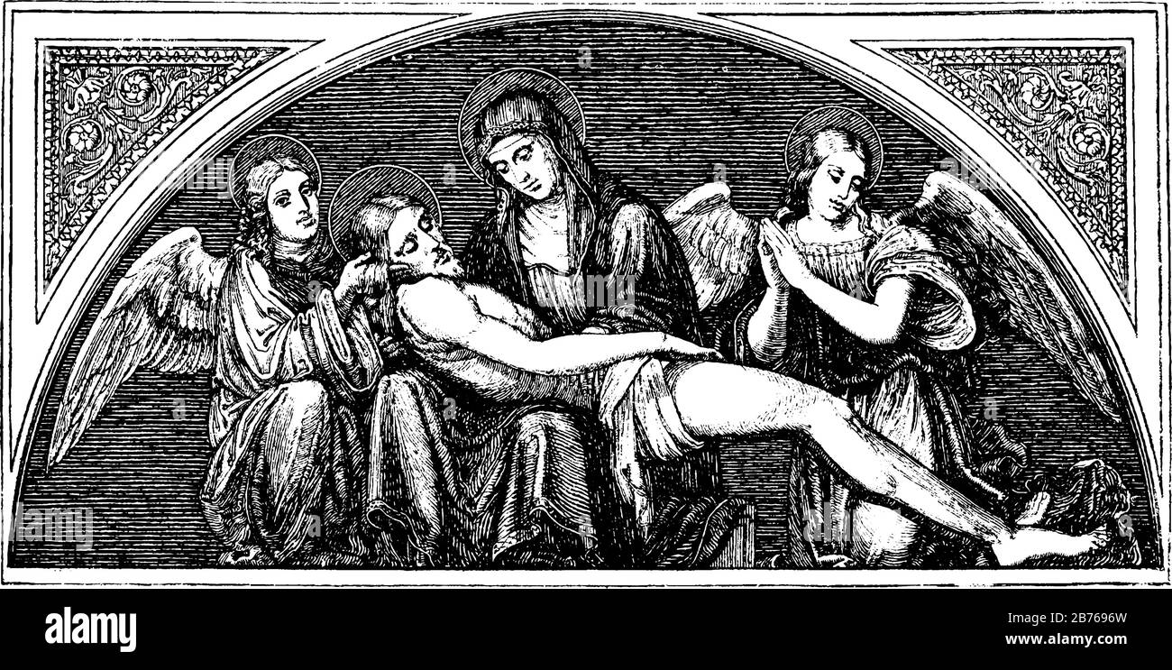 La Vierge et Deux Anges Weeping sur le corps mort du Christ sont la peinture par Francesco Raibolini, dessin de ligne vintage ou illustration de gravure. Illustration de Vecteur