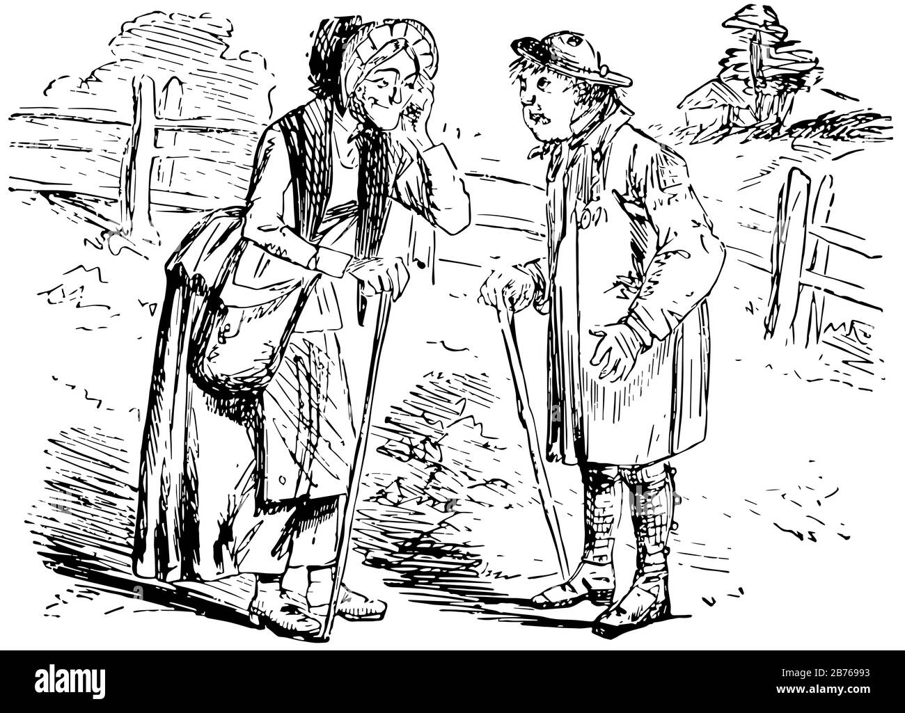 Vieux Couple, cette image montre un vieil homme avec bâton parler à la vieille femme avec bâton debout près de lui, dessin de ligne vintage ou illustration de gravure Illustration de Vecteur