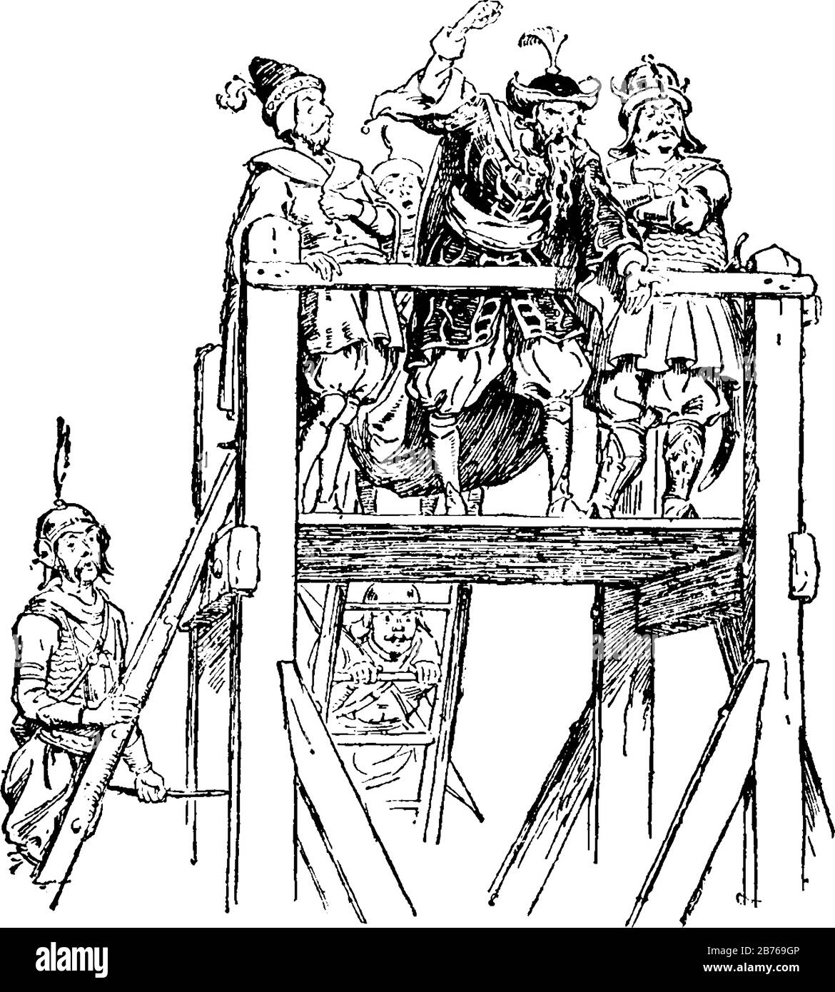 Quatre hommes debout sur scène et un homme donnant la parole, deux hommes tenant l'échelle, dessin vintage de ligne ou illustration de gravure Illustration de Vecteur