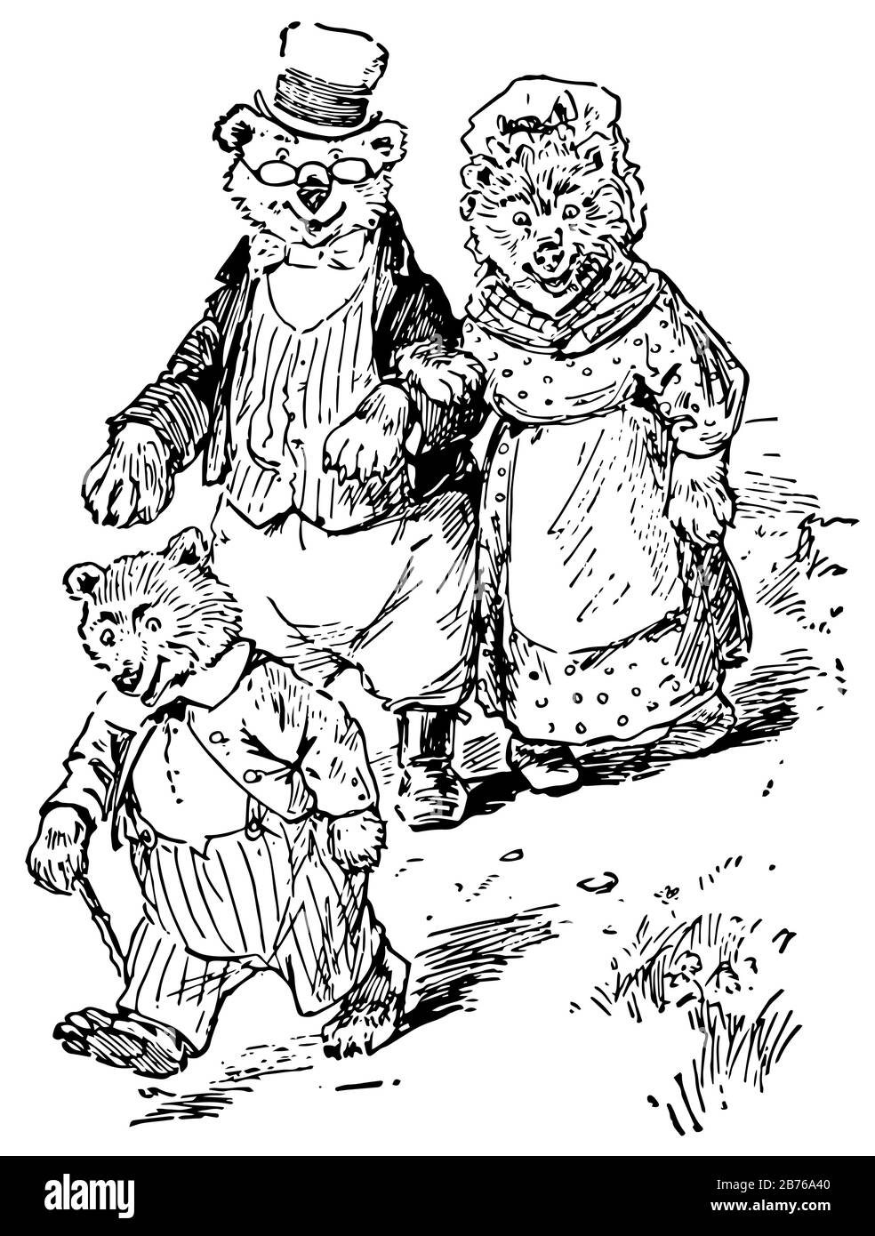 Trois ours habillés : deux ours en robe masculine et féminine tenant les mains et marchant derrière l'ours bébé en robe humaine, dessin vintage ou gravure Illustration de Vecteur