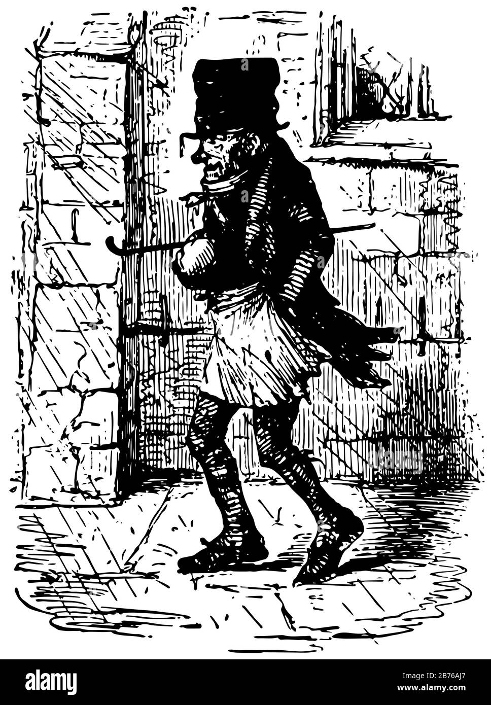 Les Carillons, cette scène montre un vieil homme portait un chapeau marchant sur la route dans la pluie et coller à la main, dessin de ligne vintage ou illustration de gravure Illustration de Vecteur