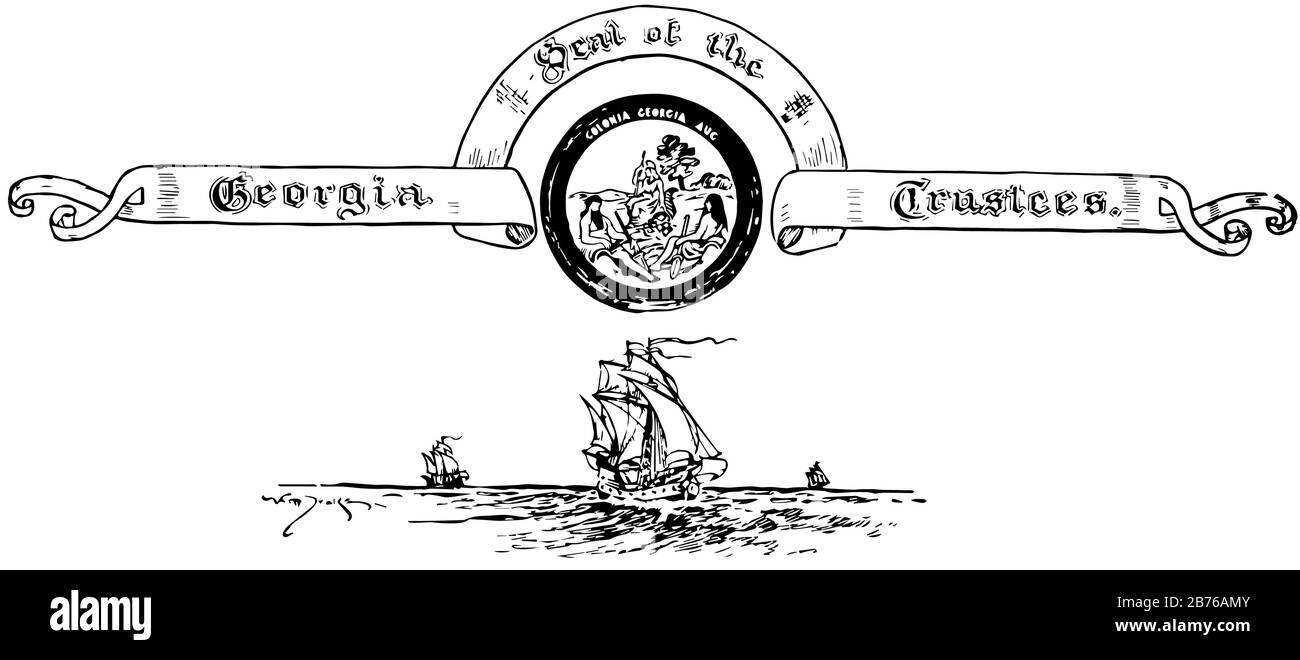 Le sceau colonial de Géorgie, avec un navire en dessous, ce phoque a deux hommes et une femme assis sur terre sèche et un arbre derrière eux, la ligne de la toundra vintage Illustration de Vecteur