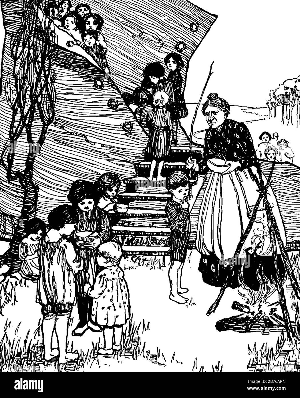 Une vieille femme avec un enfant debout près du feu de bâtons de bois, quelques enfants mangeant de la nourriture de bols, quelques enfants dans une grande chaussure, dessin vintage de ligne ou Illustration de Vecteur