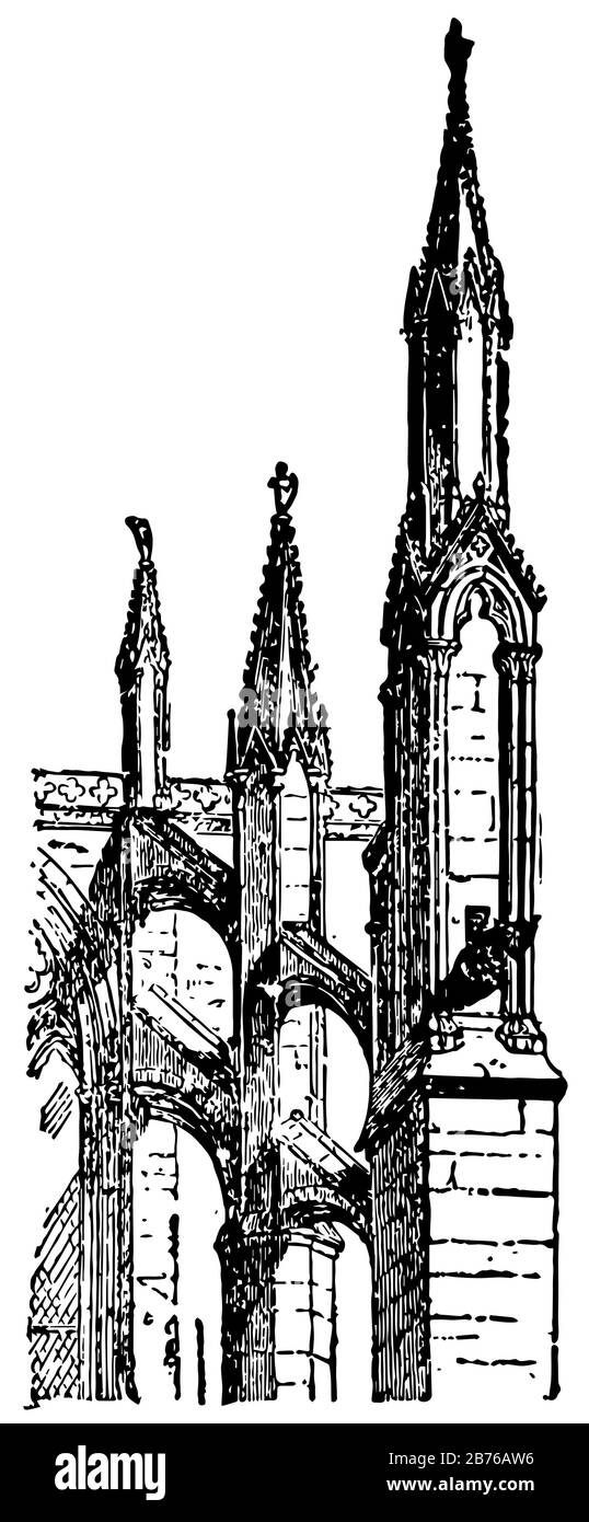 Contrefort, volant, architecture, gothique, St. Ouen, dessin de ligne vintage ou illustration de gravure. Illustration de Vecteur