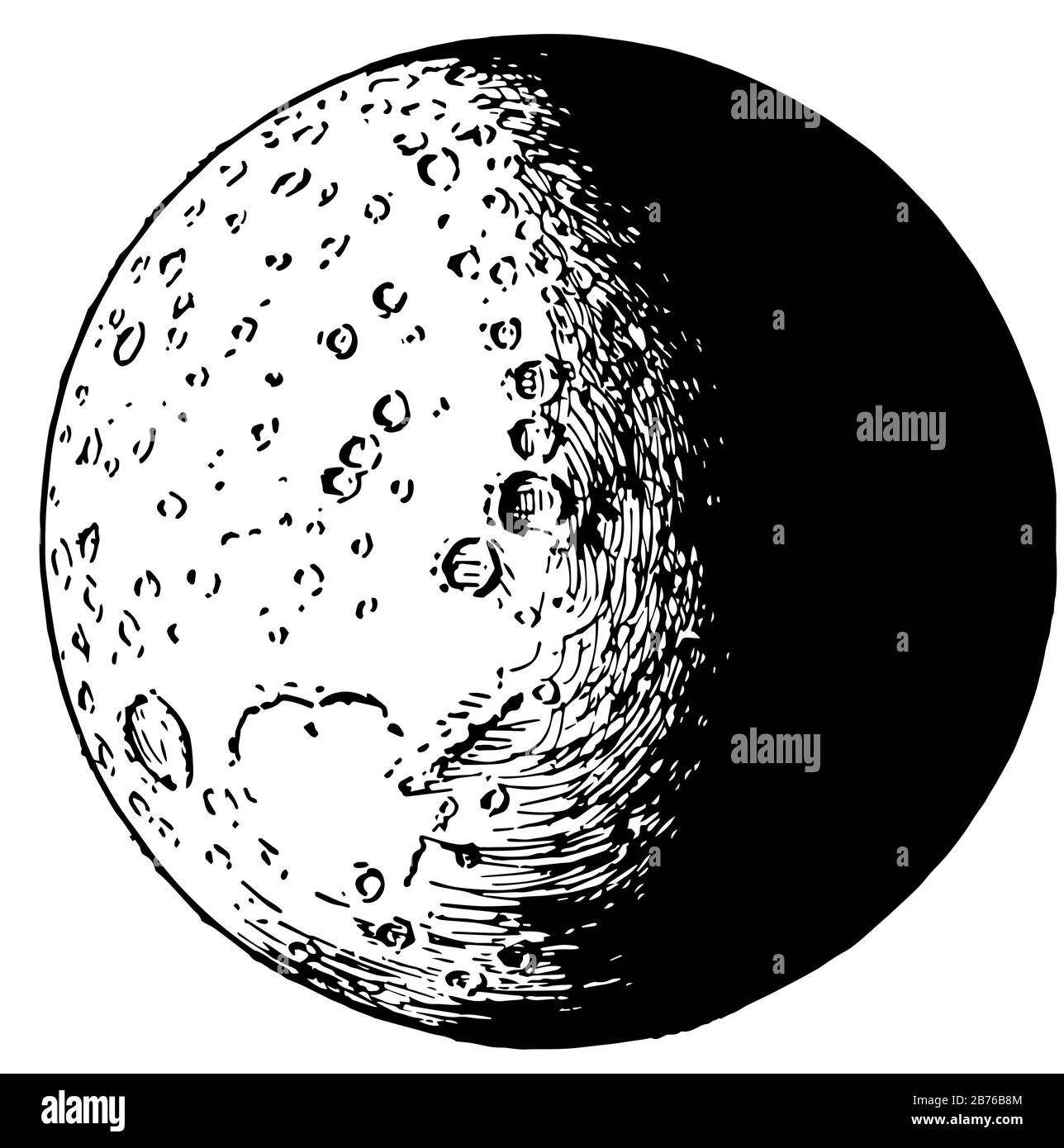 Moon est un corps astronomique qui se déplace autour de la Terre, dessin de ligne vintage ou illustration de gravure. Illustration de Vecteur