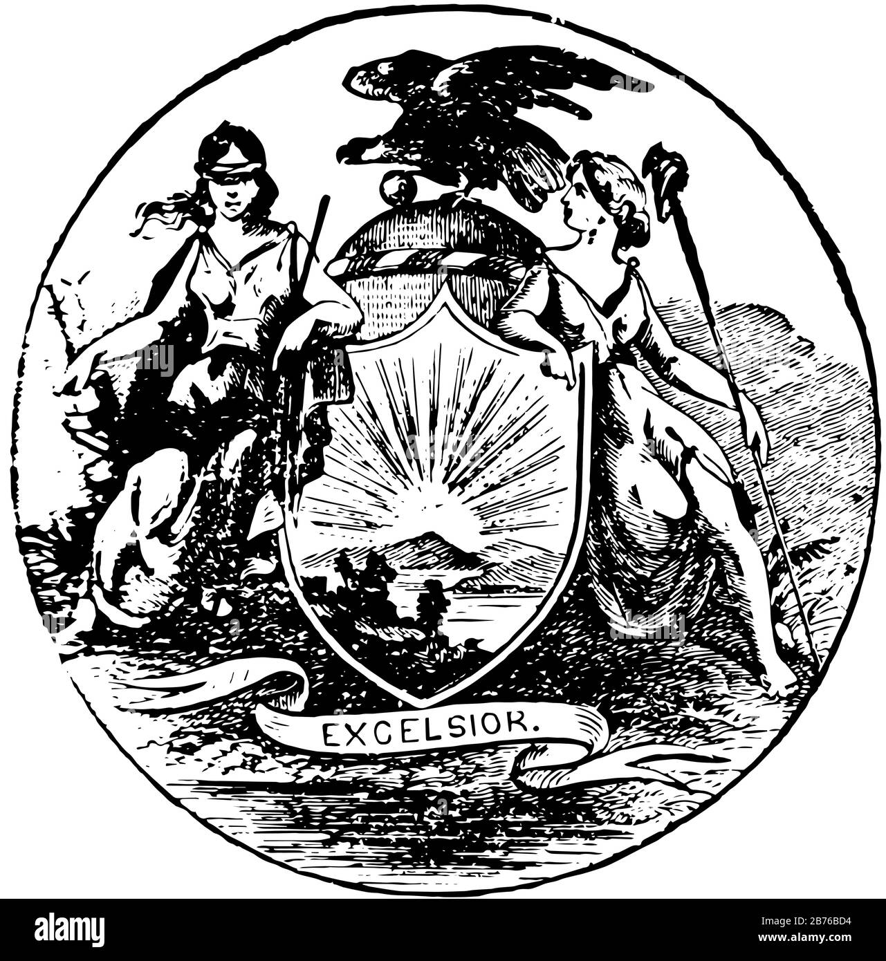 Le sceau officiel de l'État américain de New York en 1889, ce phoque a deux figures féminines qui ont un bouclier avec lever et montagnes, une femme est bli Illustration de Vecteur