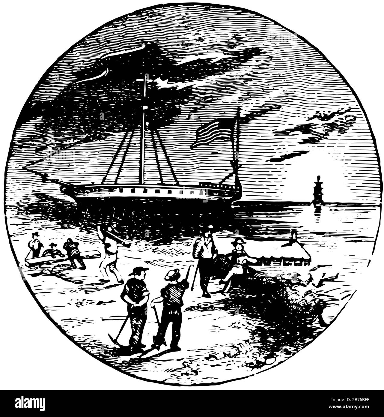 Le sceau officiel de l'État du New Hampshire aux États-Unis en 1889, ce sceau en forme de cercle montre un navire qui se tient dans le port, certains travailleurs et mineurs et la mer Illustration de Vecteur Le sceau officiel de l'État du New Hampshire aux États-Unis en 1889, ce sceau en forme de cercle montre un navire qui se tient dans le port, certains travailleurs et mineurs et la mer Illustration de Vecteur