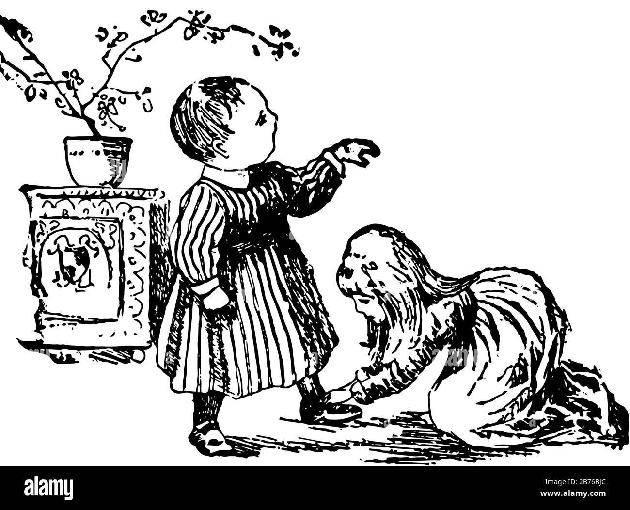 Pépinière Rhyme, cette scène montre une petite fille boucle chaussure d'enfant debout à côté d'elle, plante en pot en arrière-plan, dessin vintage de ligne ou de graveur Illustration de Vecteur