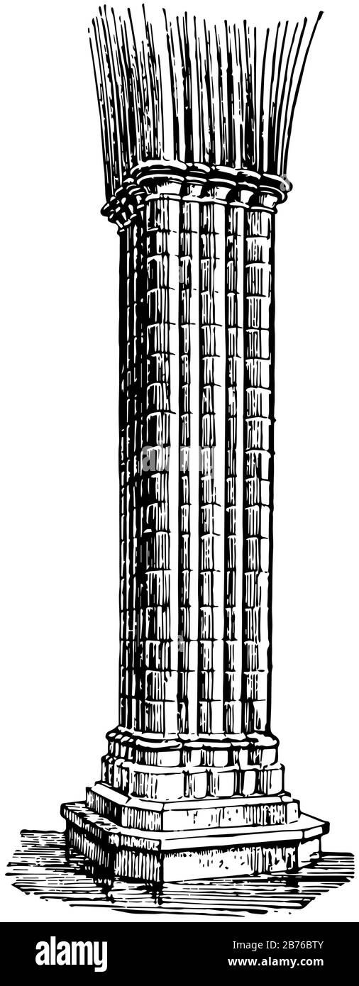 Quai ou centre en cluster, masse, newel, engagé, semi-détaché, dessin de ligne vintage ou illustration de gravure. Illustration de Vecteur