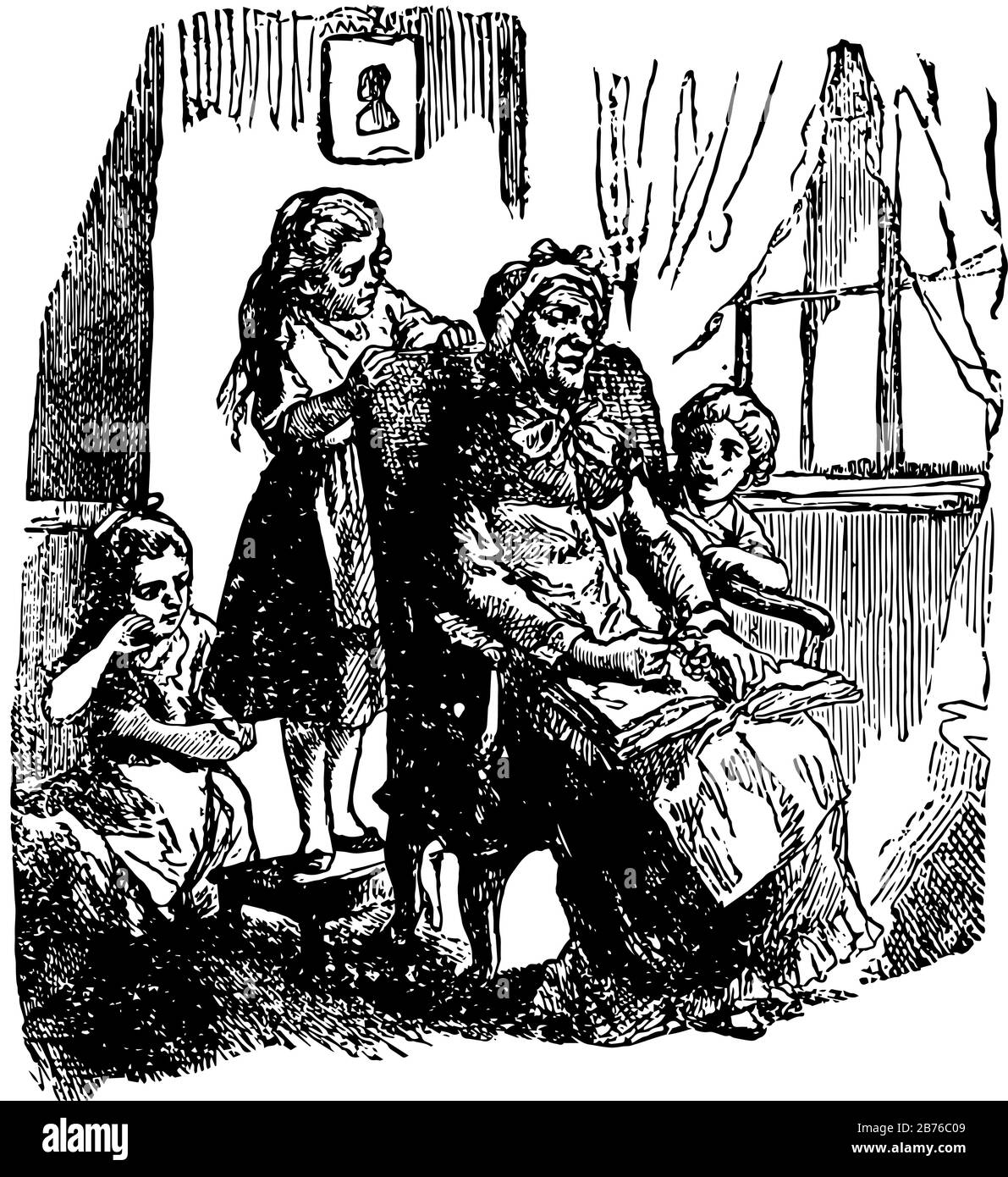 Grand-mère, cette scène montre une vieille dame assise sur la chaise et trois enfants debout près de la chaise et regarder son dessin ou graveur vintage de ligne Illustration de Vecteur