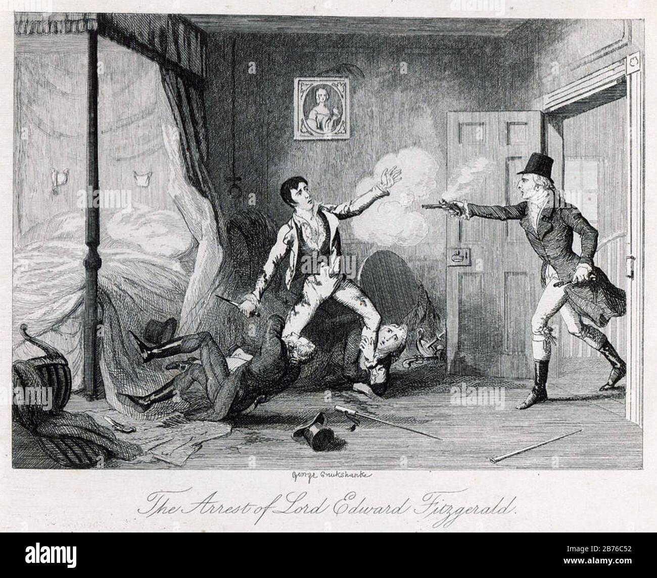 LORD EDWARD FITZGERALD (1763-1798) aristocrate irlandais et révolutionnaire. Le major Henry Shirr tire Fizgerald dans l'épaule à son arrestation, les capitaines blessés Swan et Ryan tiennent ses jambes. Dessiné par George Cruickshank. Banque D'Images