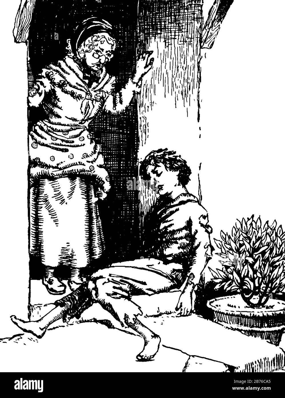 Un garçon assis à la porte et une vieille femme debout près de lui, plante en pot près de lui, dessin vintage de ligne ou illustration de gravure Illustration de Vecteur